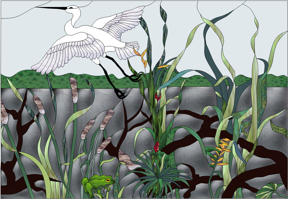 Egret Take-Off bird stained glass pattern with wetland reeds and cattails