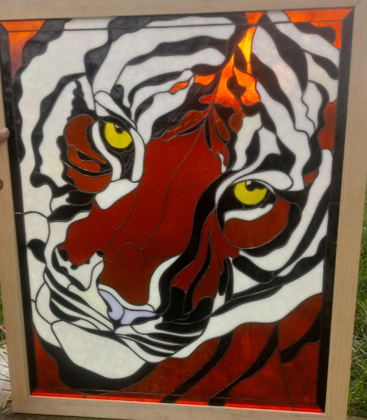 Stunning Tiger Face Stained Glass Panel Fabricated by Tim Biza, Pattern by Paned Expressions