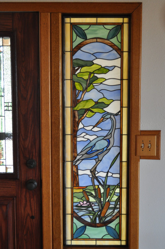 Paned Expressions Stained Glass Pattern Blue Heron Sidelite Fabricated by Steve Fowler, Focal Point Glassworks