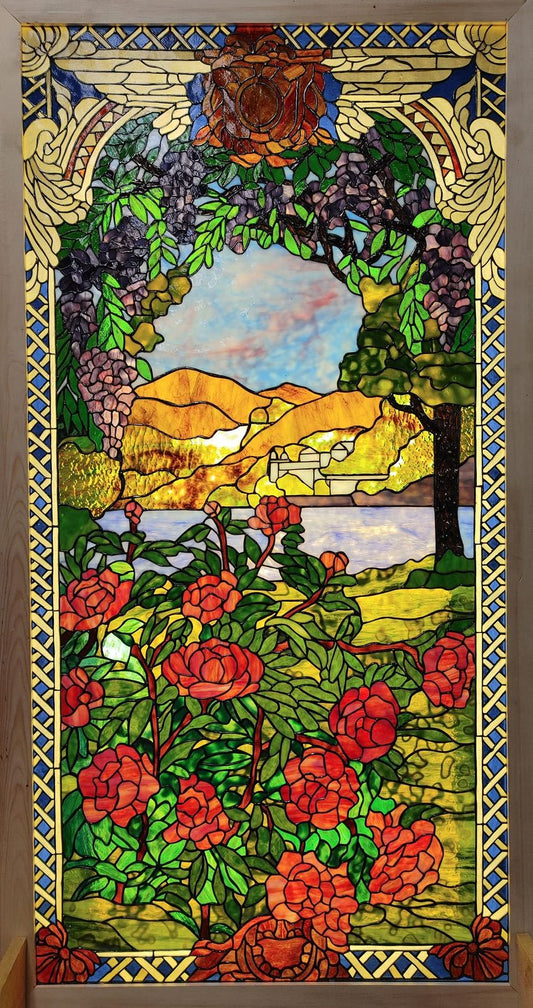 Glorious LaFarge Floral Stained Glass Window Fabricated by Tim & Alice Biza, Custom Pattern Design by Paned Expressions Studios - Featured at Youghiogheny Opalescent ArtGlass Warehouse
