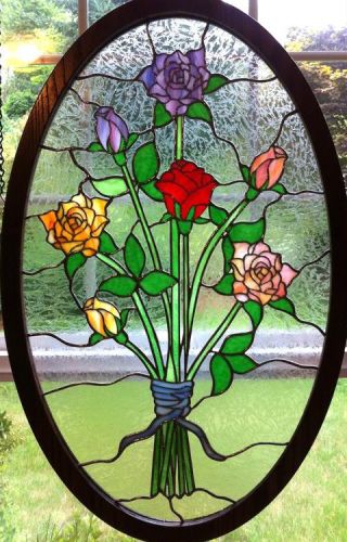 Stained Glass Rose Bouquet Oval
